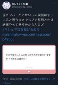 絶対的リーク垢ことマリインスキー「早川聖来は二重瞼と涙袋を整形してる。休業中にもっと整形してくるんじゃない?」